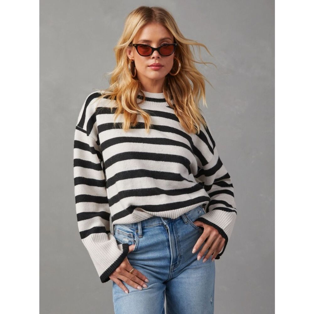 Miracle | Striped Black and White Women's Sweater Size S